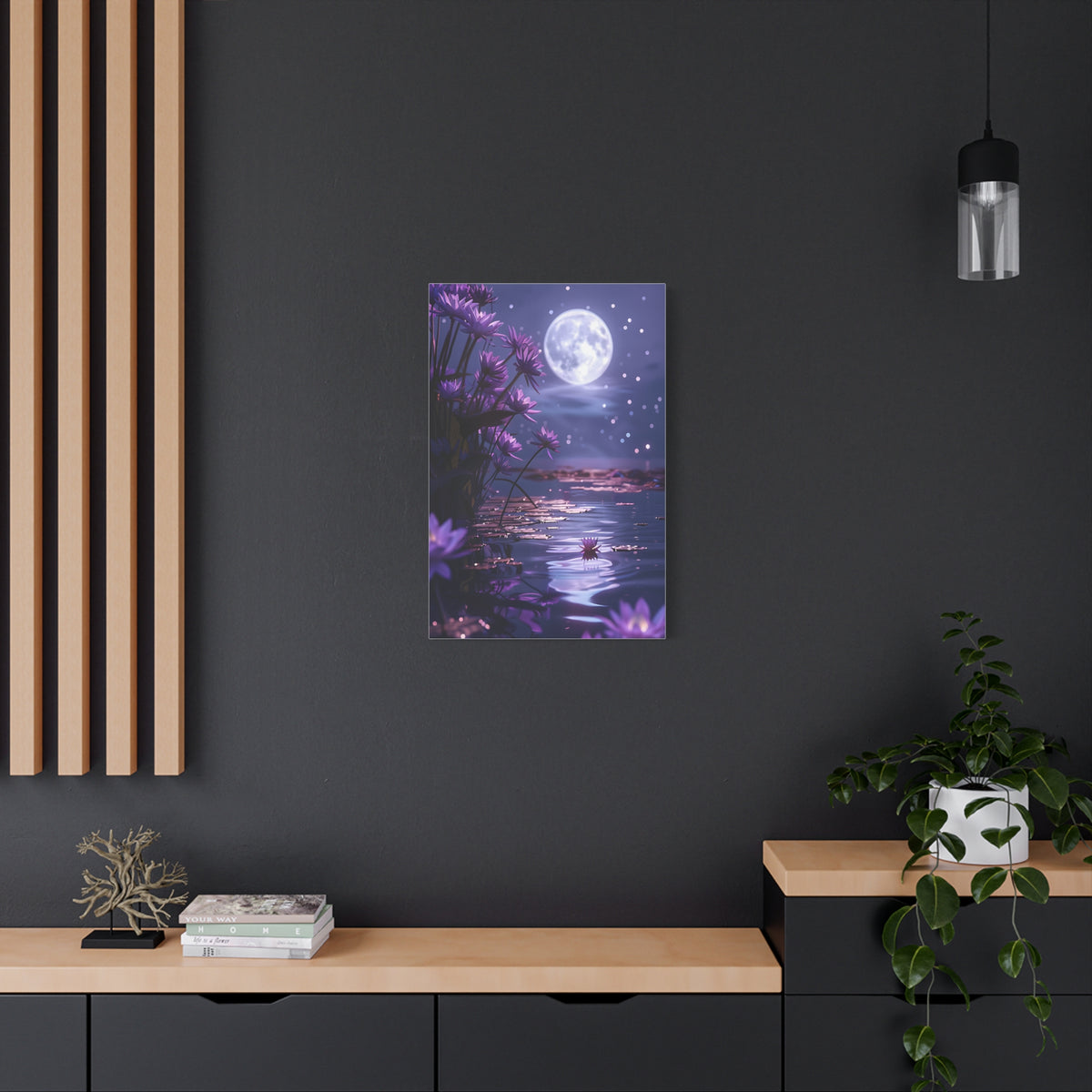 Moonlit Lotus Reverie – Purple Water Lily Moonlight Wall Art