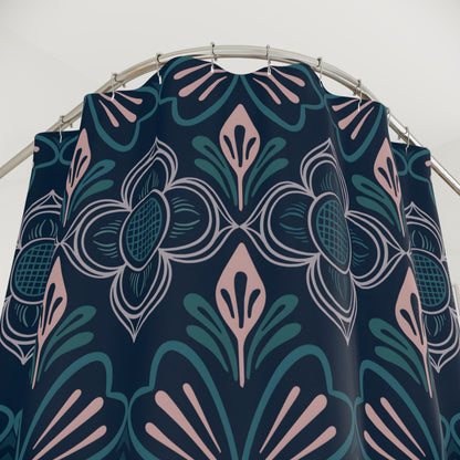 Nordic Folk Floral Navy & Blush Geometric Pattern for Fabric & Wallpaper